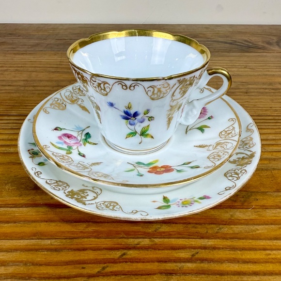 Vintage European Bone China Tea Trio – Floral Gold Filigree | Cup Saucer Plate - Picture 3 of 9